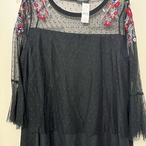 Lane Bryant Black Mesh Blouse with Red and Blue Embroidery